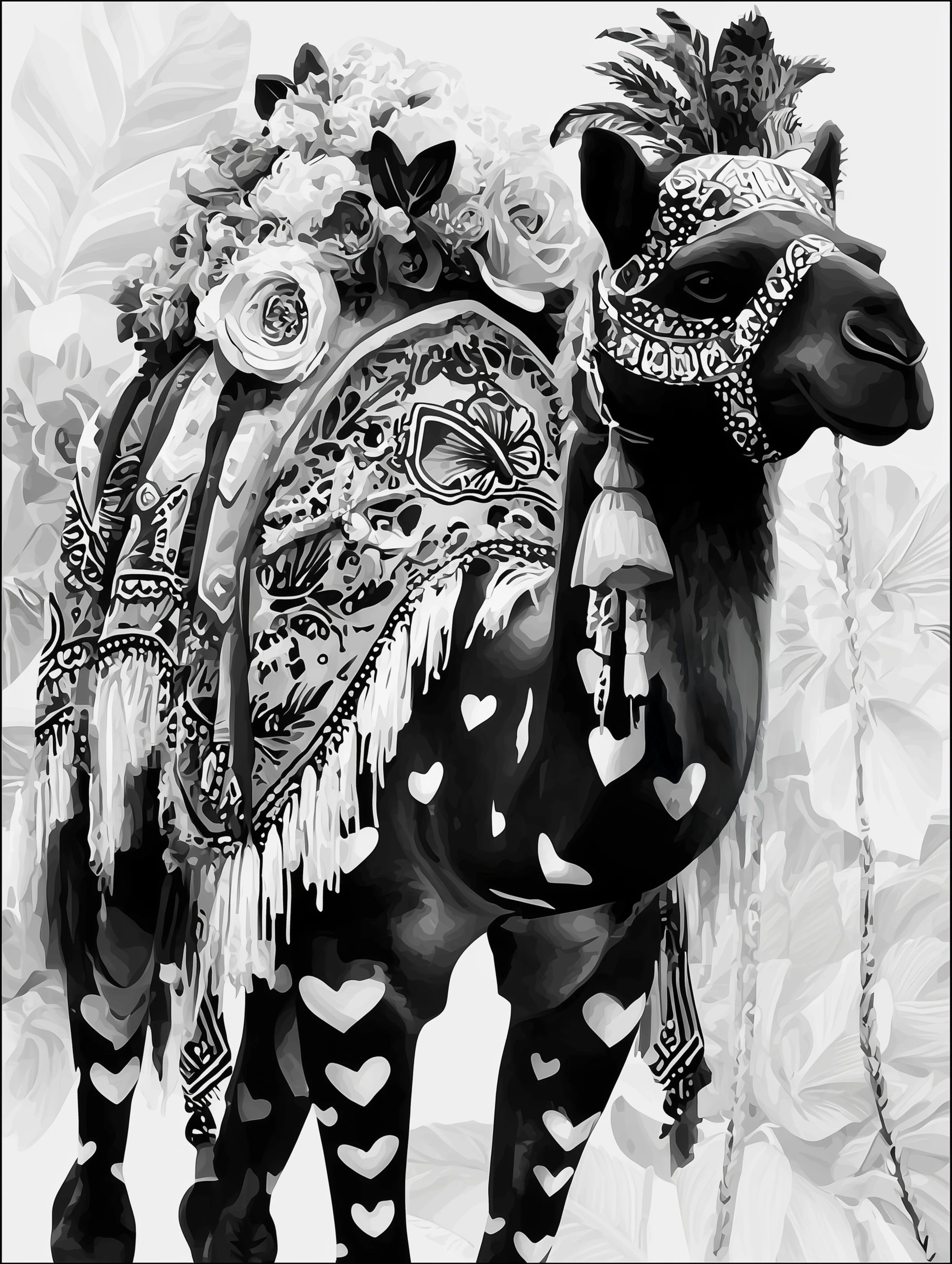 Free printable camel coloring page for adults featuring white hearts on a dark camel